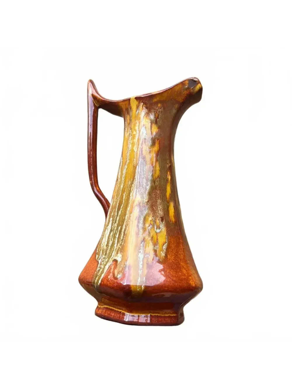 Clay Cherokee Pitcher Vase - 05/23/1980 Brown Yellow Drip Glaze